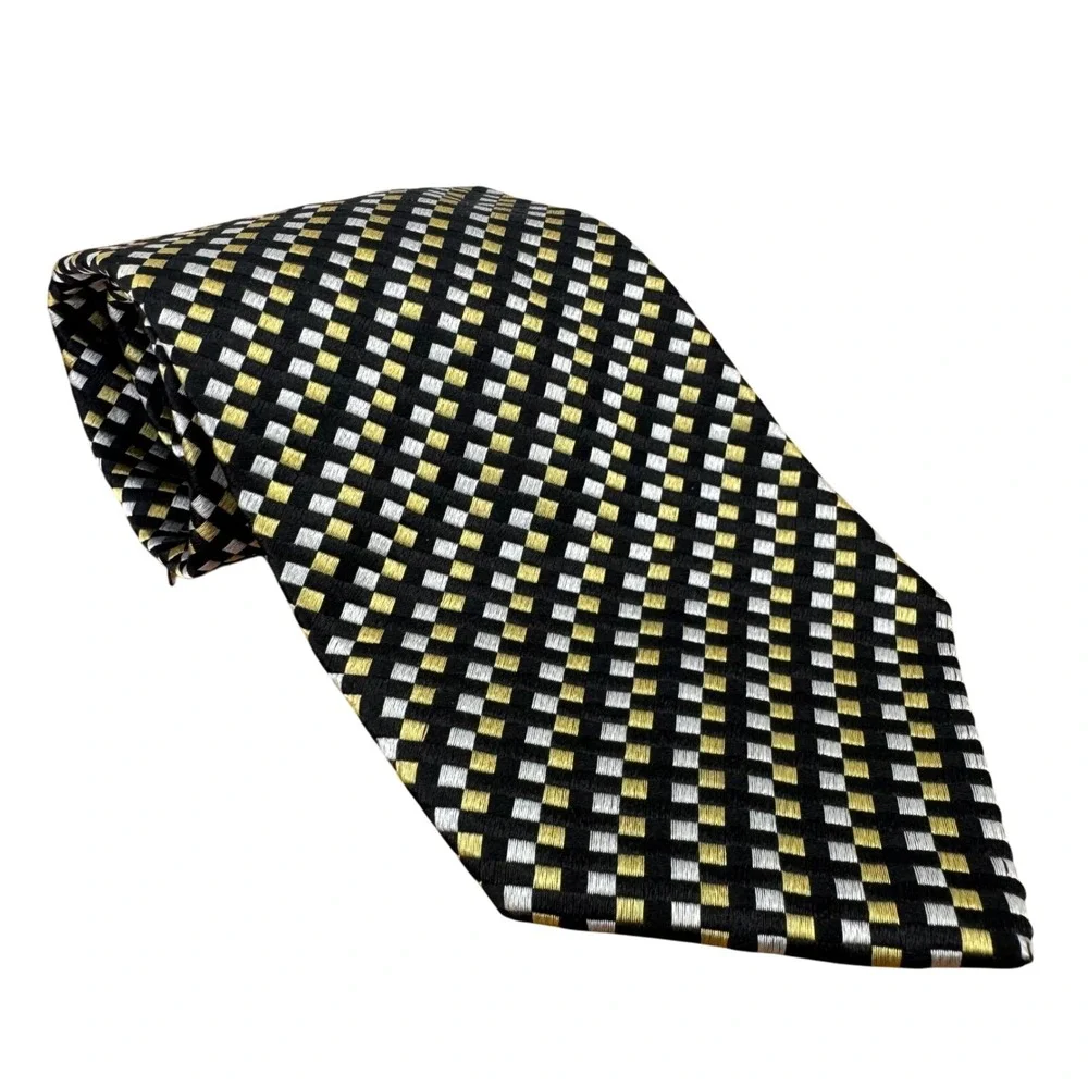 Today's Man 100% Silk Black Gold White Checkered Made in Italy Men's Tie 58